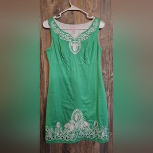 Lilly Pulitzer Shift Dress Dolly Prep Kelly Green Embroidered White Eyelet Sz 4